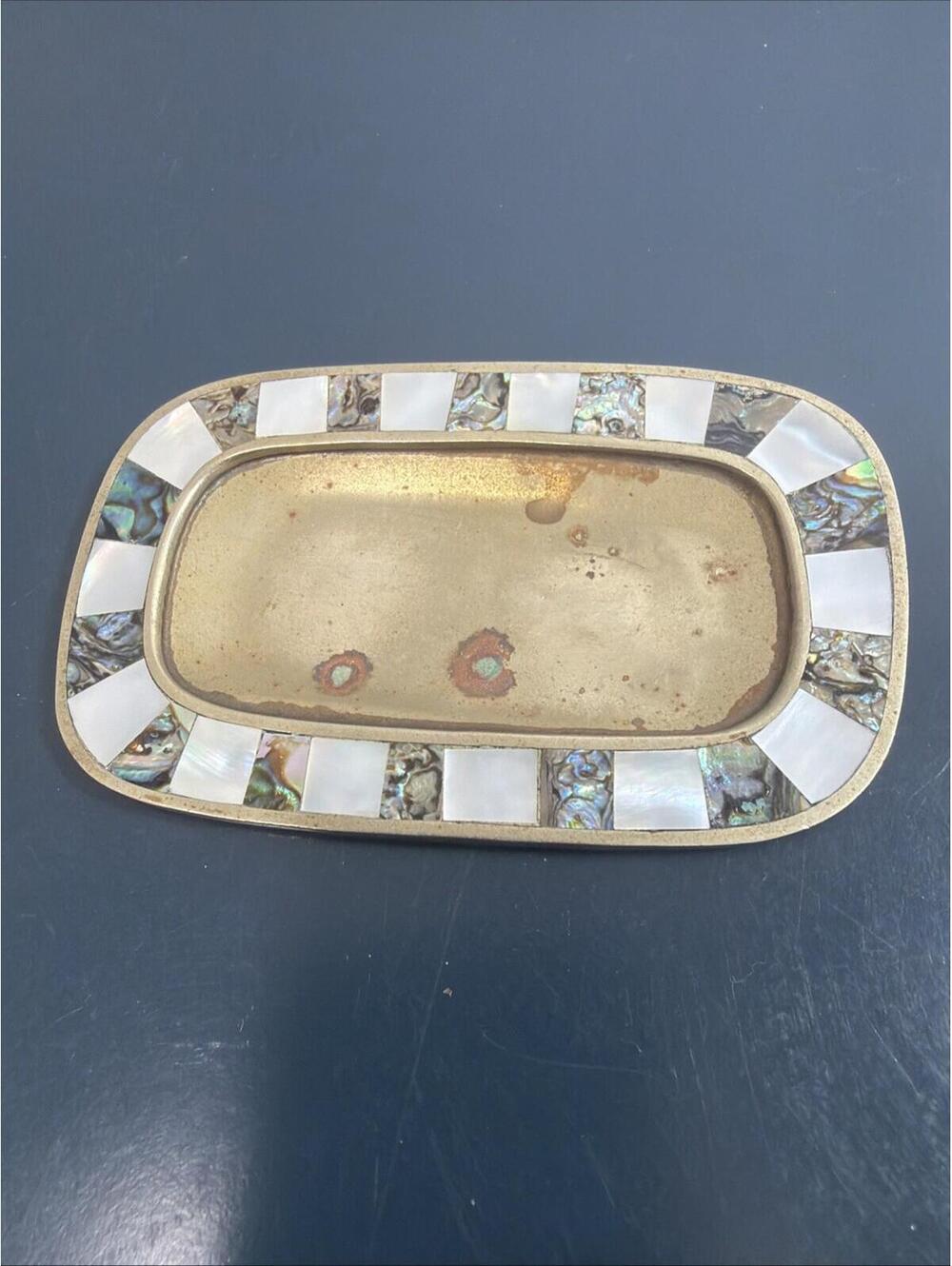 Vintage Brass And Abalone Shell Trinket Dish Mexico 3 5/8” X 2.25”